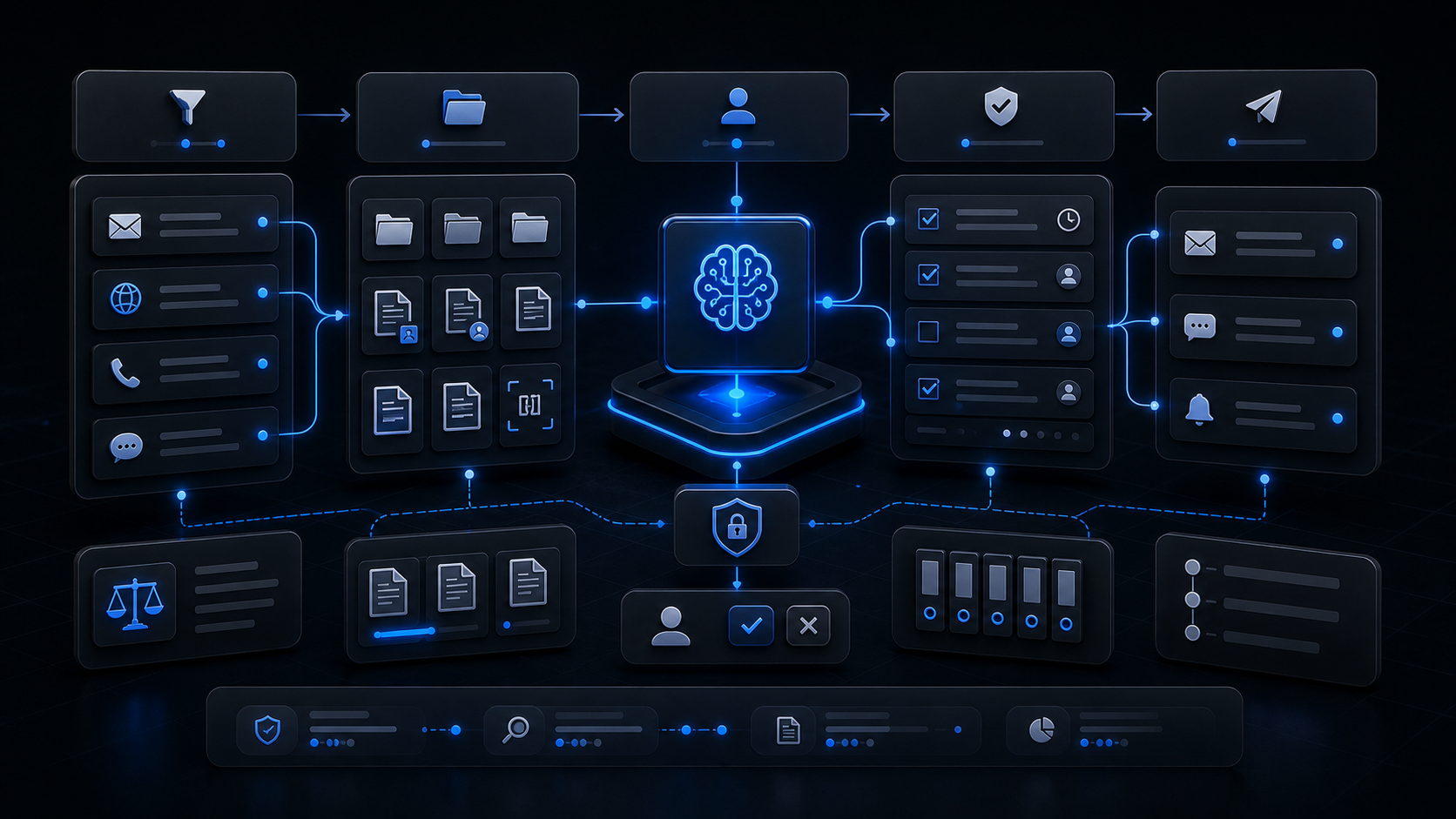 AI automation for law firms showing intake routing, document workflows, client updates and matter admin controls
