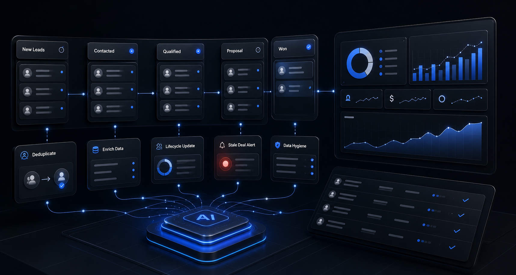 AI CRM automation workflow showing pipeline hygiene, lifecycle updates and reporting outputs