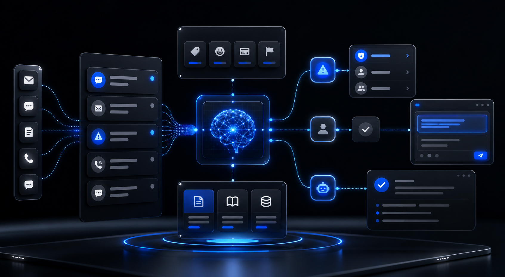 AI customer support automation workflow showing ticket triage, FAQ routing, escalation and response drafts