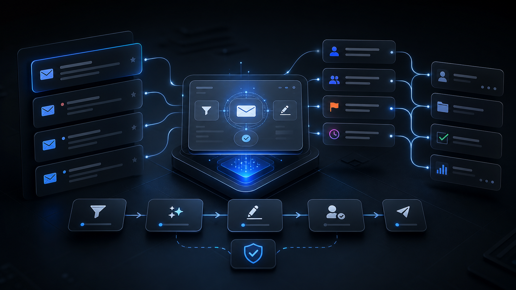 AI email automation workflow showing inbox triage, routing, reply drafting and follow up controls