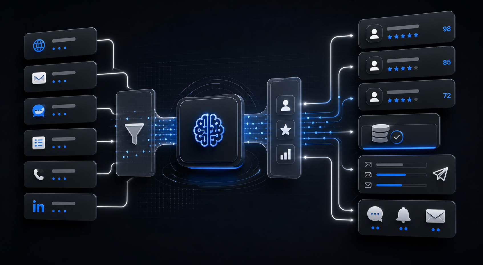 AI lead generation automation workflow showing lead enrichment, scoring, CRM creation and sales alerts