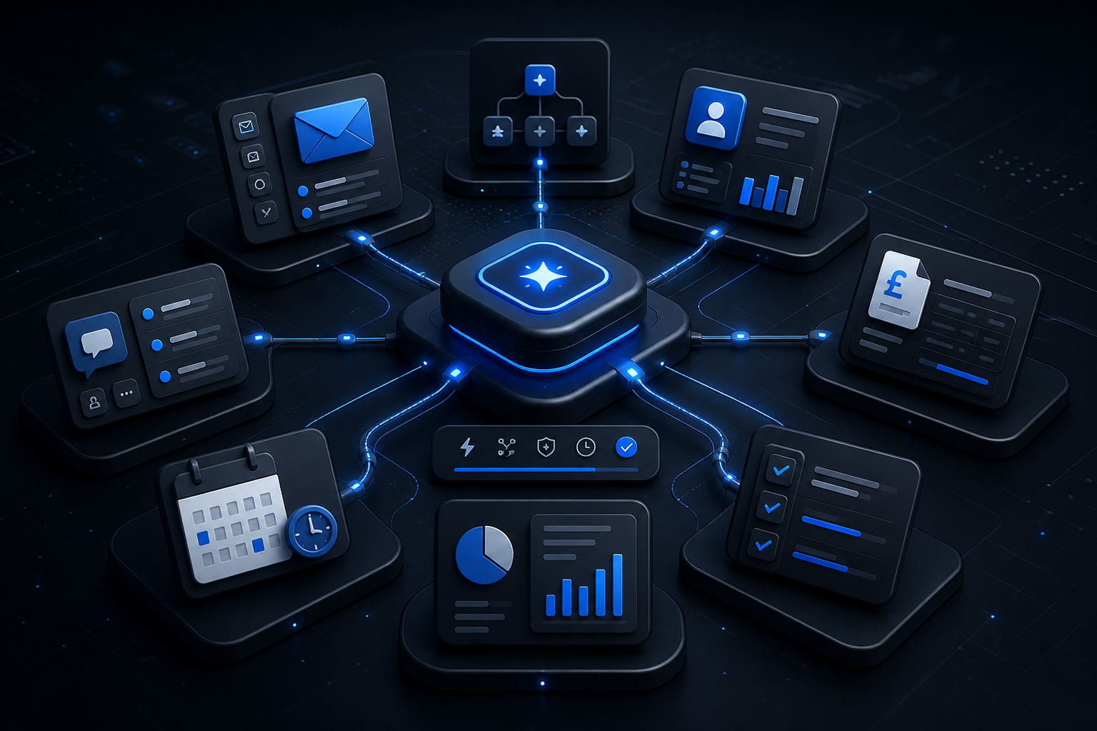 AI workflow automation for small businesses showing connected inbox, CRM, reporting and operations workflows