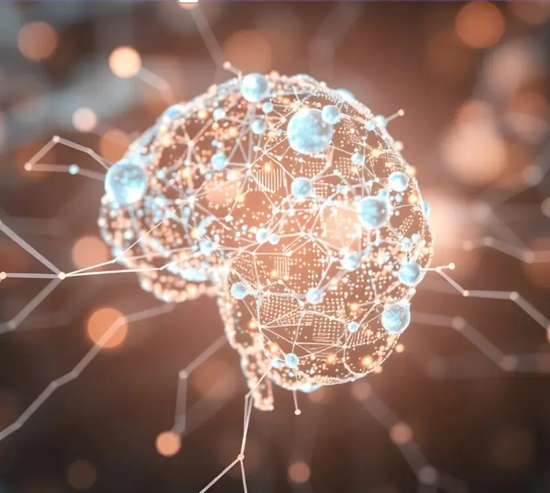 Home 1 Glowing AI brain at the centre of a network linking a business's email, CRM and reporting tools