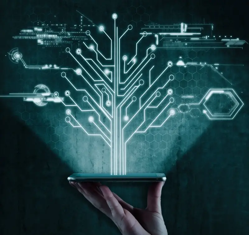 Home 3 Tree of connected automation branches growing from one AI core, showing workflows scaling across a business